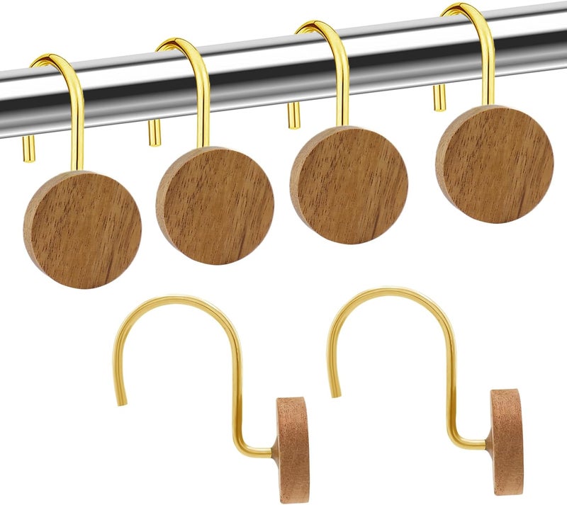 JTDTH Shower Curtain Hooks, Wood Decorative Shower Curtain Rings, Modern Round Log Shower Curtain Hangers, 12PCS Shower Hooks for Shower Curtain Rod, Bedroom, Living Room (Gold) - Image 1